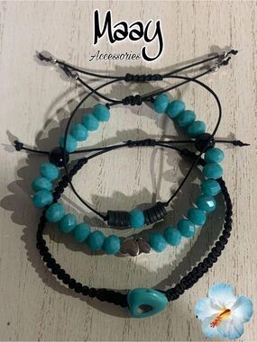 Maay Accessories Turquoise Bead Layered Bracelet Set with Black Cord
